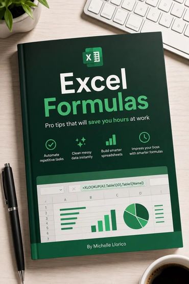 A book titled 'Excel Formulas' with tips to save time at work is displayed on a desk.