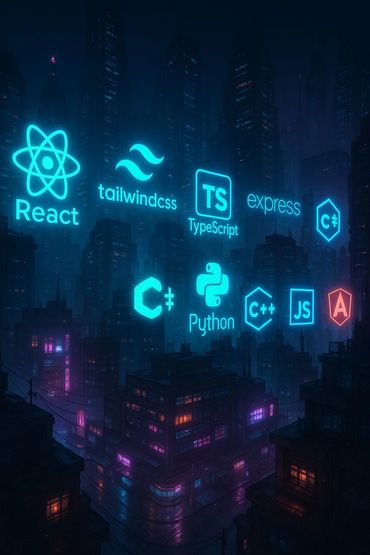 Neon icons of popular programming languages and frameworks glowing over a futuristic cityscape at night.