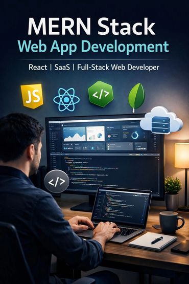 Developer coding MERN stack web application with React and Node.js.