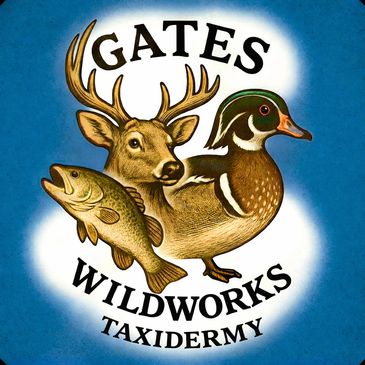 Logo of Gates Wildworks Taxidermy featuring a deer, fish, and duck.