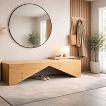 Modern entryway with a wooden bench, round mirror, and cozy decor.