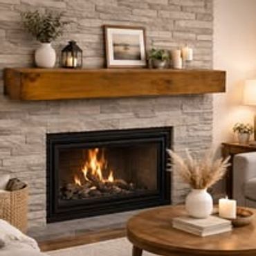 Cozy living room with a modern fireplace and rustic wooden mantel.