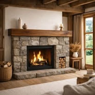 Cozy stone fireplace with wooden mantel and flames inside.