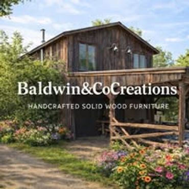 Rustic wooden cabin surrounded by greenery with Baldwin&CoCreations logo.