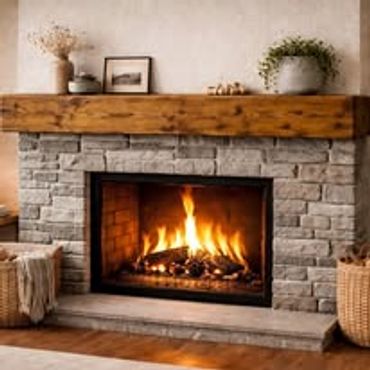 Cozy fireplace with burning fire and rustic decor.