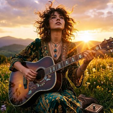 Woman playing guitar outdoors at sunset.