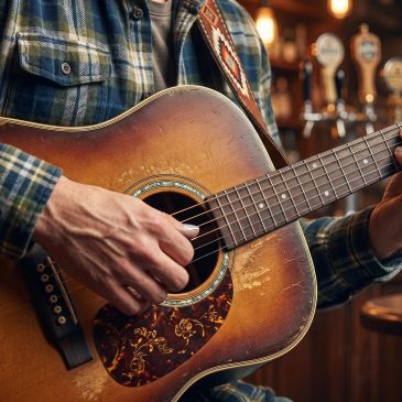 Person playing an acoustic guitar in a cozy setting.