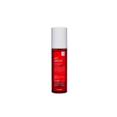Red AC Serum bottle with a white cap on white background.