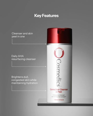OCosmedics Corrective Cleanser & Peel bottle with key features.
