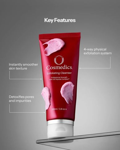Cosmedics exfoliating cleanser with key benefits labeled.