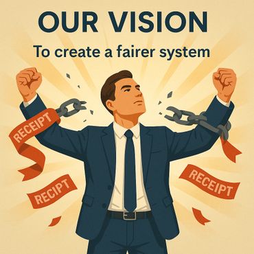 Man in suit breaking chains labeled 'RECEIPT' symbolizing freedom and fairness.