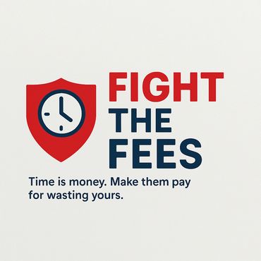 Graphic with a clock and shield, urging to fight fees for wasting time.