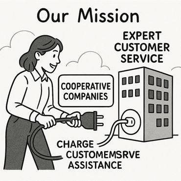 Illustration showing a woman plugging a cord into a building symbolizing cooperative companies and expert customer service.