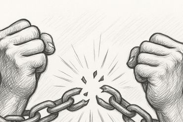 Sketch of hands breaking free from chains, symbolizing liberation.
