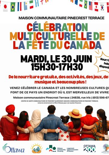 Affiche colorée annonçant une célébration multiculturelle de la fête du Canada avec des activités et nourriture gratuite.