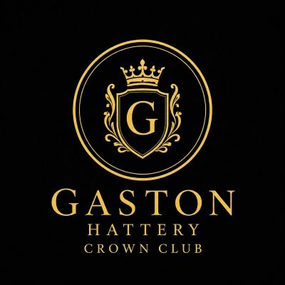 Elegant gold Gaston Hattery Crown Club logo on black.