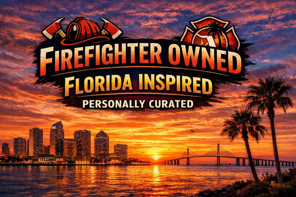 Sunset skyline with firefighter-themed text overlay.