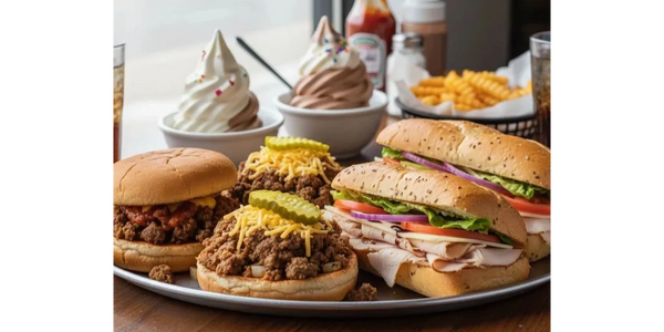 A plate of sandwiches, burgers, fries, and soft serve ice cream by the window.