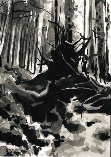 Monochrome ink painting of a forest with a fallen tree stump.