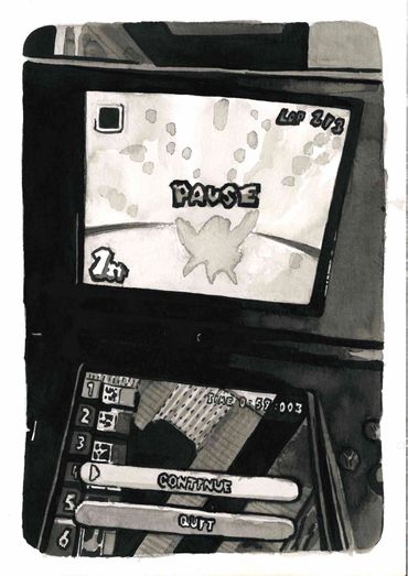 Monochrome painting of a Nintendo DS with a paused game screen.