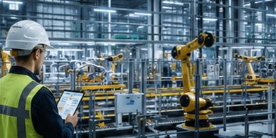 Automated manufacturing plant using industrial robots, PLC controls and electrical equipment.