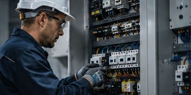 Industrial electrician installing electrical distribution equipment and control panels.