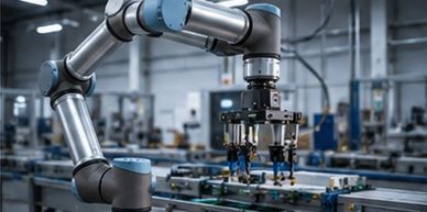 Industrial robotic arm operating automated manufacturing cell.