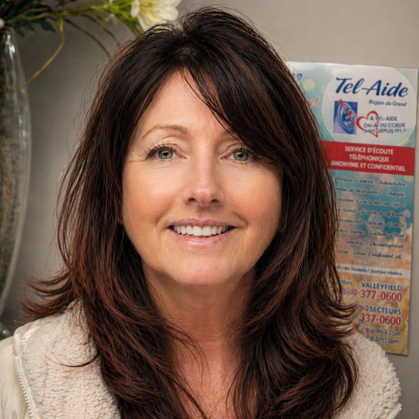 Smiling woman with brown hair in front of a Tel-Aide poster.