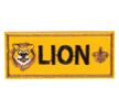 Lion Patch for Cub Scouts.  From left to right is a lion's head, L-I-O-N, and a fleur de lis.