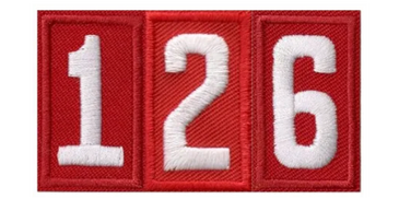 Three red patches with white numbers, all joined together to represent our Unit: 126.