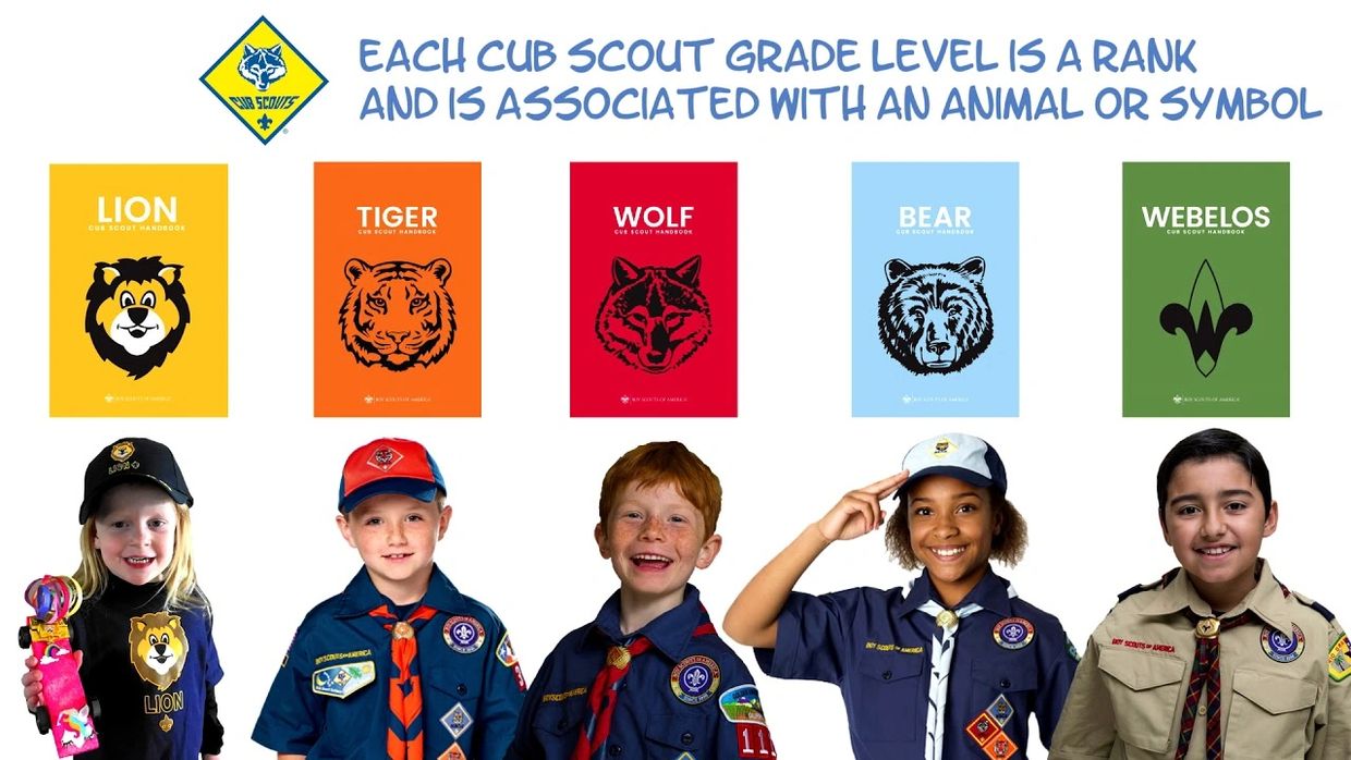 Picture of various scouts from different ranks and age groups: Lion, Tiger, Wolf, Bear, and Webelos.
