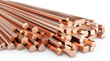 Shiny copper rods in various shapes and sizes.