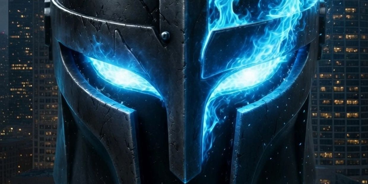 Close-up of a futuristic helmet with glowing blue eyes and flames.