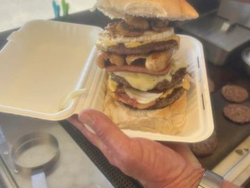 YANKEES NEW MEGA STACK BURGER WITH LOTS OF EXTRAS WHAT THE CUSTOMER ORDERED