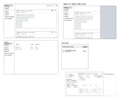 Wireframe sketches of a task and pipeline management interface with side navigation and share modal.