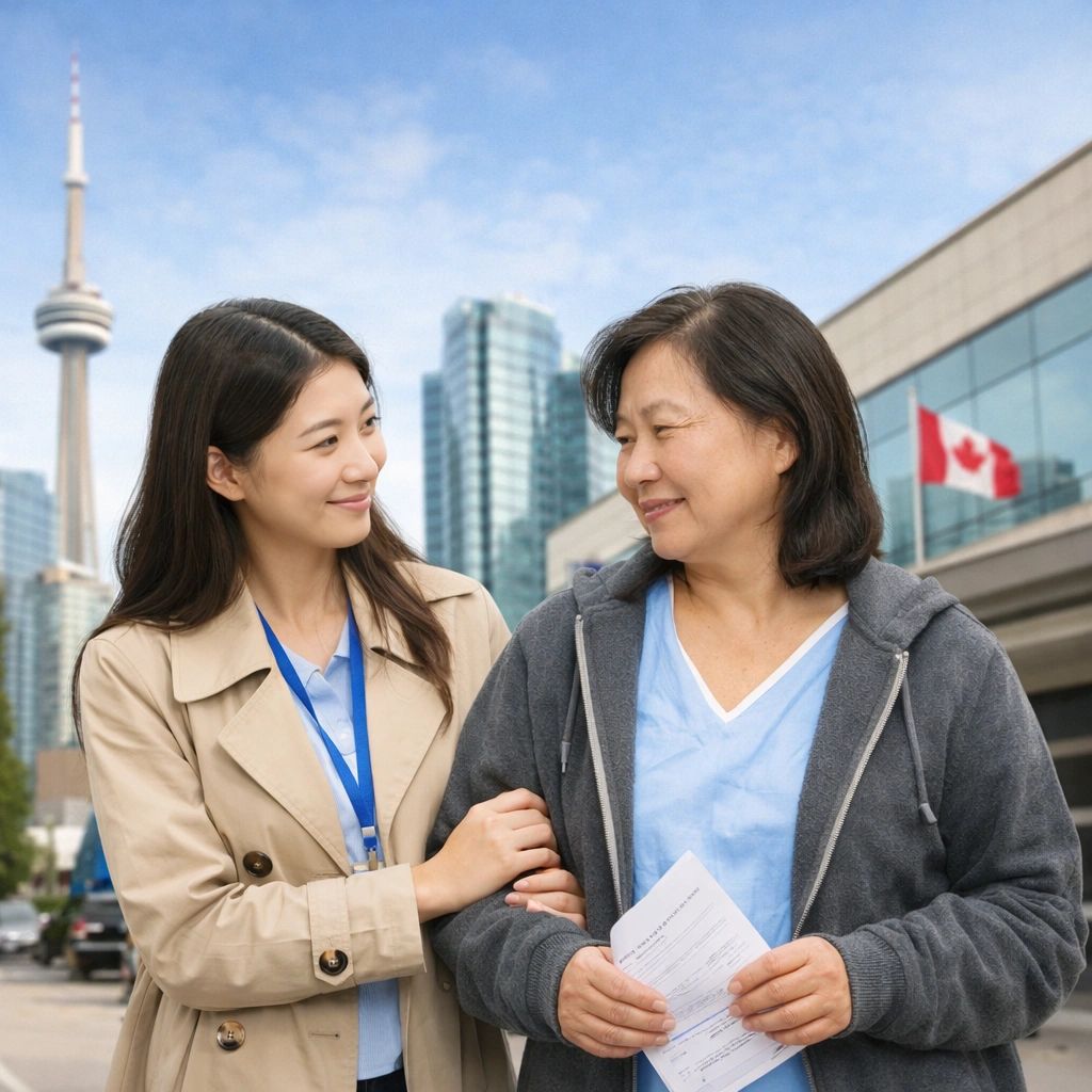 Two women sharing a warm moment outdoors with cityscape and Canadian flag in background.