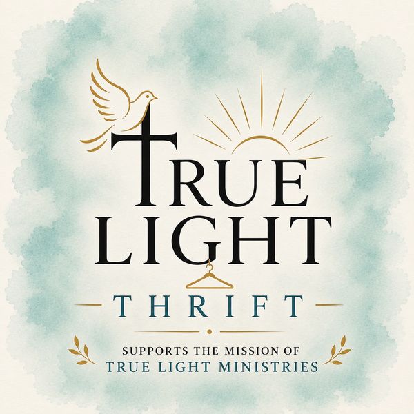 Logo of True Light Thrift with religious symbols.