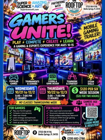 Colorful flyer promoting a gaming and esports event for ages 10-15.