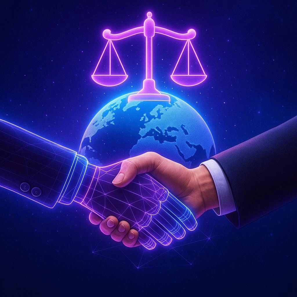 A human and digital hand shake under glowing scales of justice above Earth.