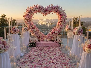Romantic floral wedding proposal setup with heart-shaped flower arch.