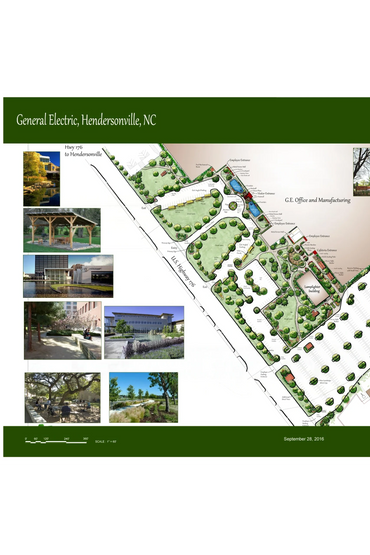 Landscape design plan for General Electric in Hendersonville, NC with photos of outdoor spaces.