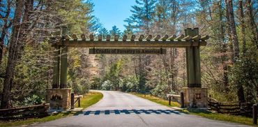 Entrance archway reading 'Cradle of Forestry in America' on a forest road.