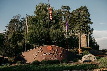Entrance sign for Barnshirt Vineyards with flags and greenery.