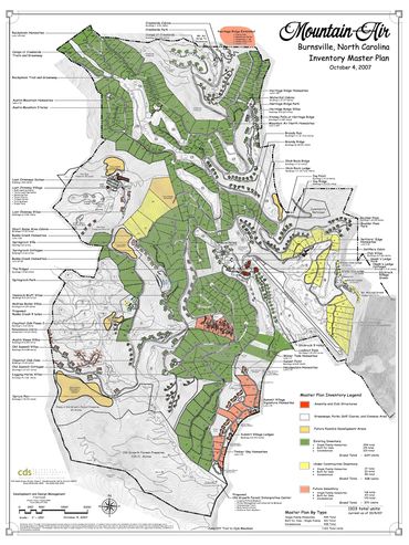 Detailed master plan map of Mountain Air community in Burnsville, NC, showing homesites, parks, and development areas.