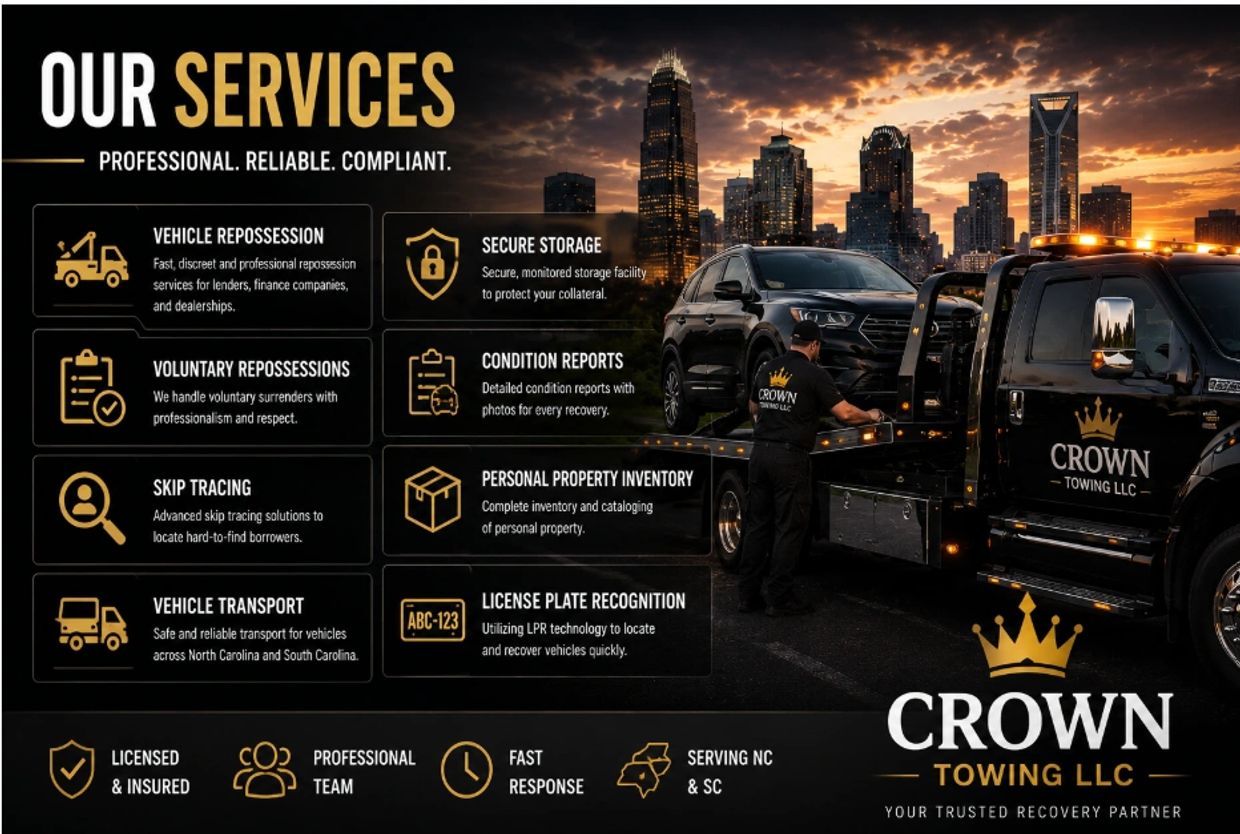 Graphic highlighting Crown Towing LLC's professional repossession and collateral recovery services