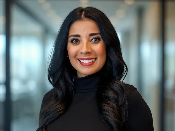 Smiling woman with long black hair in a black turtleneck.