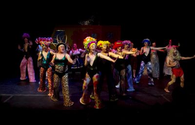 A lively group of performers in colorful wigs and costumes on stage.