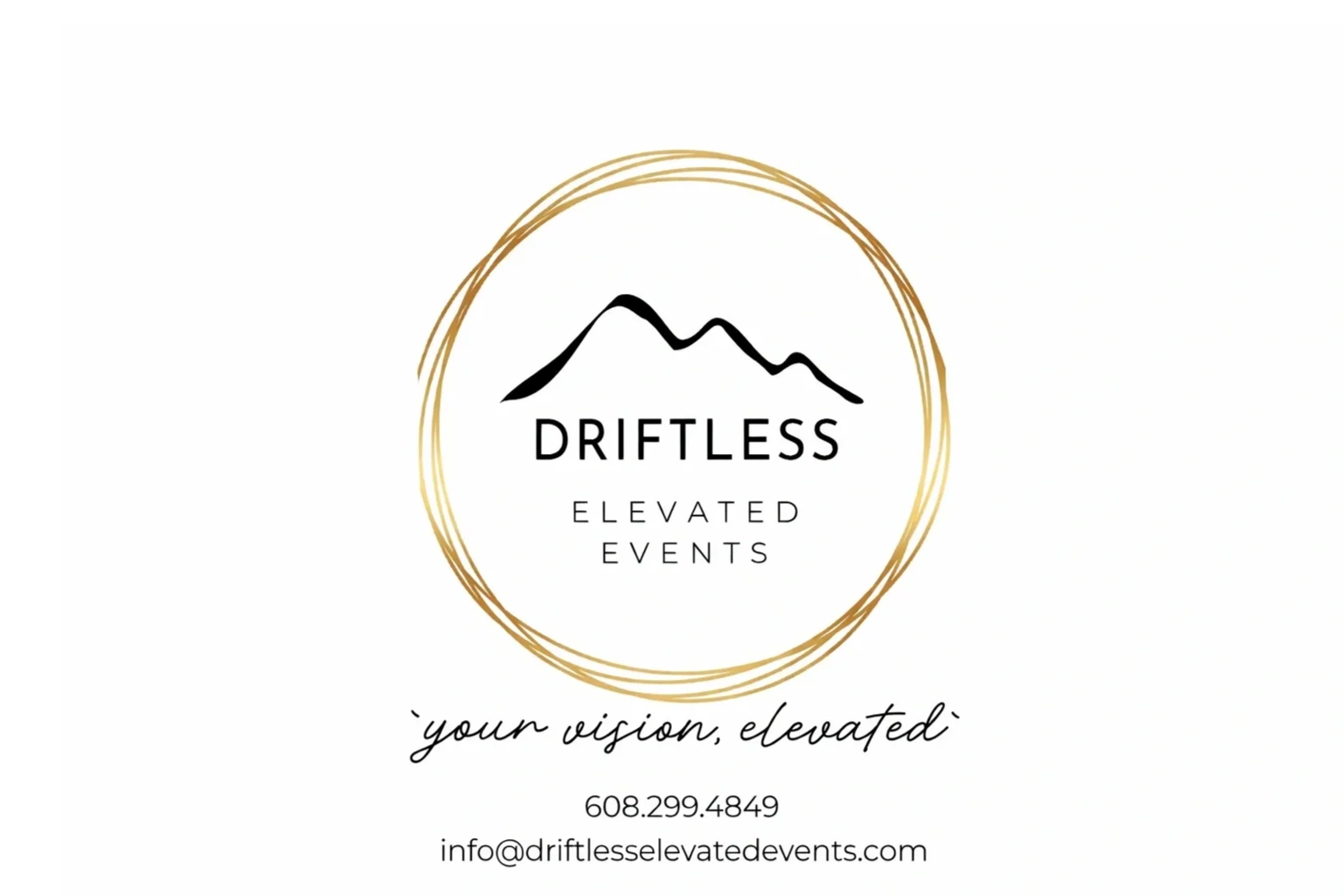Logo for Driftless Elevated Events with mountain design and contact info.