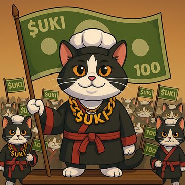 Cartoon cats in martial arts robes holding flags with $UKI symbol.