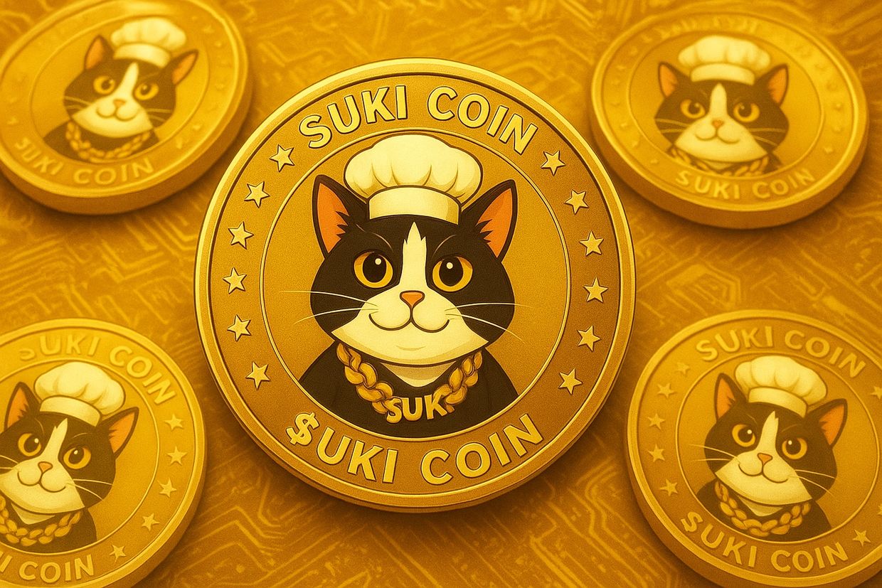 Digital gold coins featuring a cat with a chef's hat and chain necklace, labeled 'SUKI COIN'.